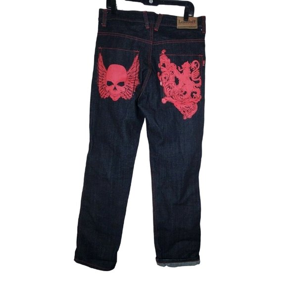 International LeadOff Men Designer Jeans Red Skull And Design On Back Pocket - Picture 1 of 12